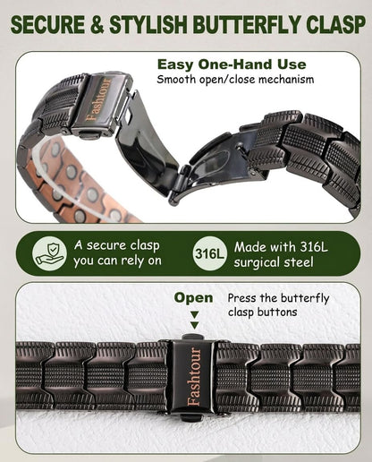 Fashtour Copper Bracelet for Men, 2X Strength 99.99% Pure Copper Magnetic Bracelet with Magnets, Butterfly Clasp Design, Adjustable Length with Sizing Tool (Black)