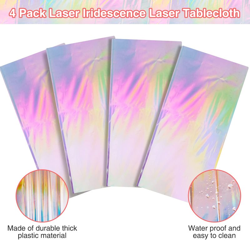FunnyPars 4 Pack Iridescent Plastic Tablecloths, Shiny Disposable Laser Rectangle Table Covers, Holographic Foil Tablecloth Iridescent Birthday Party Supplies Decorations