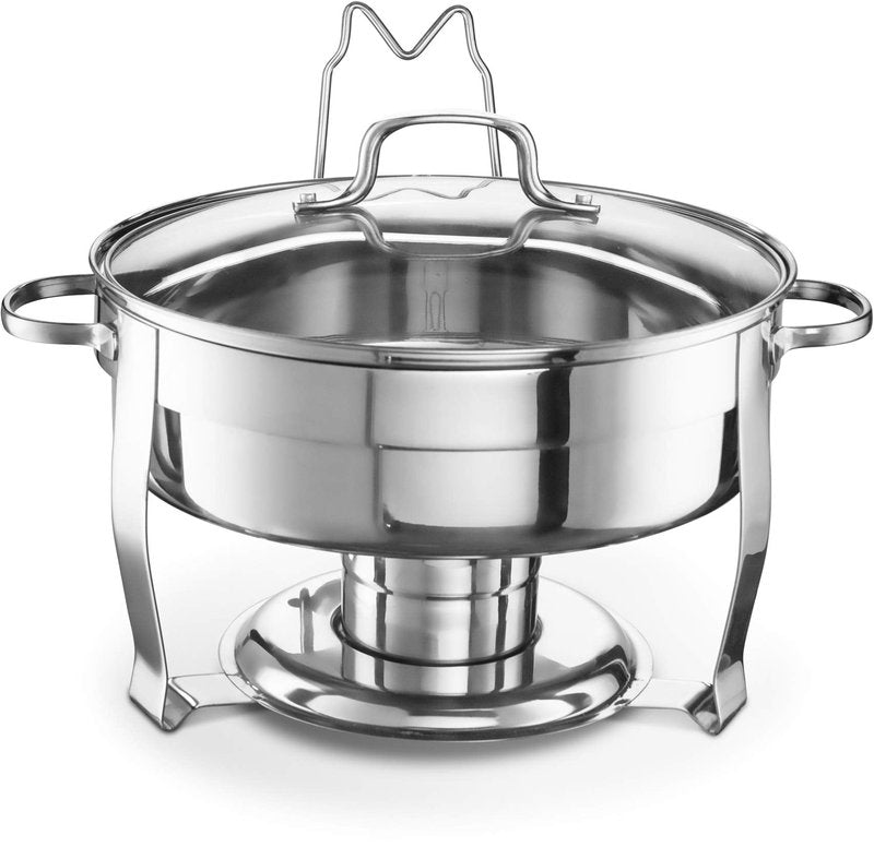 Chafing Dish for Buffet Set, by Kook, Catering Food Warmers, Round Dishes, Warmer Tray, Stainless Steel with Glass Cover and Holder, for Parties, Dinners, 4.5 Qt