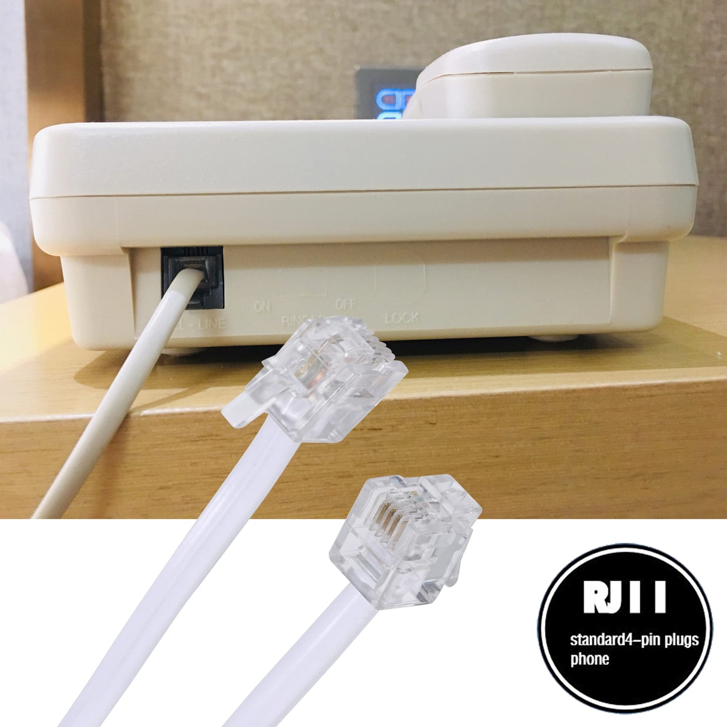Ubramac 15 Feet Long Telephone Extension Cord Phone Cable Line Wire, with Standard RJ11 Plug and 1 in-Line Couplers and 15 Cable Clip Holders-White