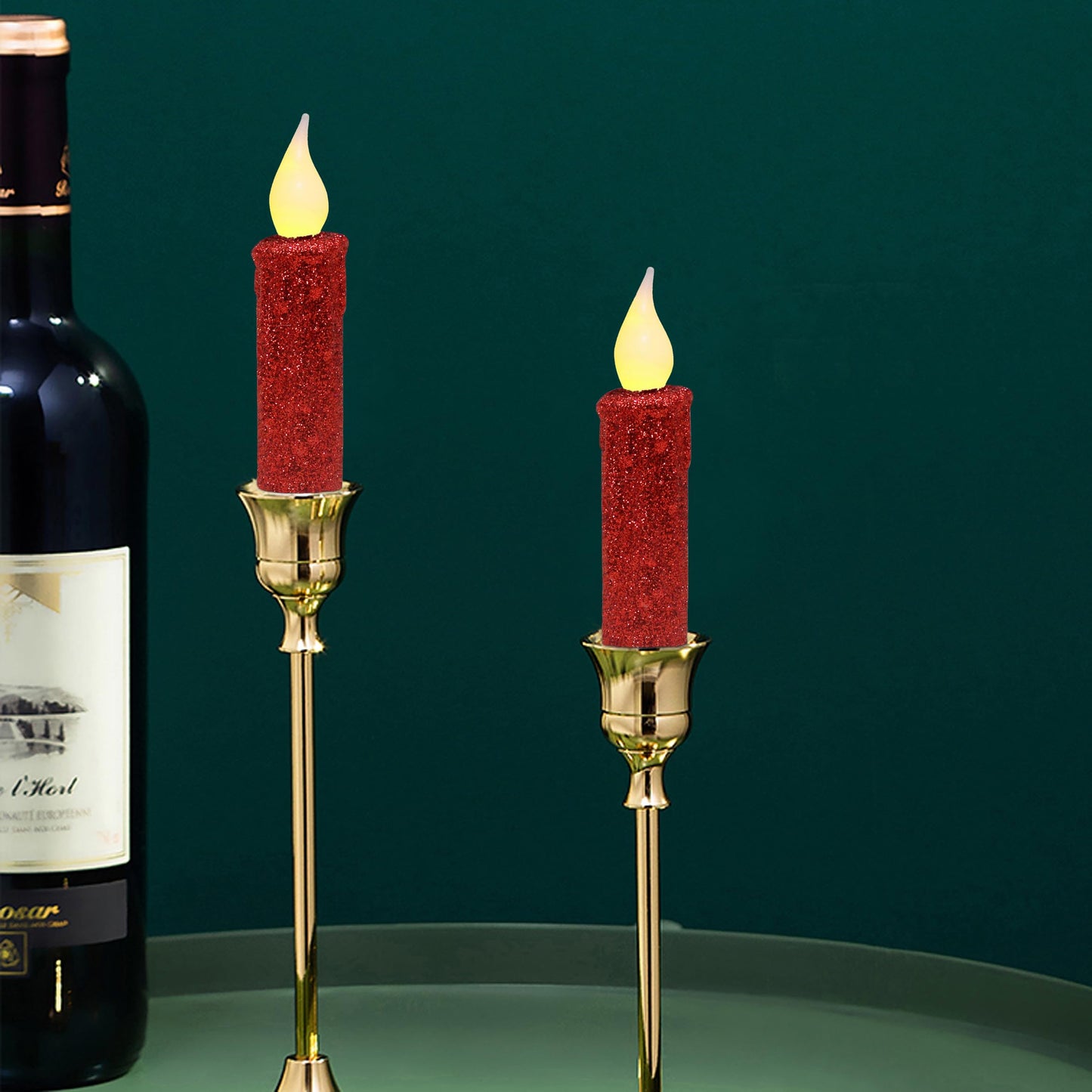 CVHOMEDECO. Glitter Flameless Candles Flickering Battery Operated LED Taper Candles with Timer for Home, Wedding, Halloween, Christmas Decor. Red, 4-3/4 Inch, Set of 3