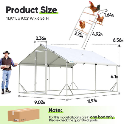 Quictent Advanced Series 12x9 ft Metal Chicken Coop Run with Climbing Ladder, Large Walk-in Outdoor Poultry Cage Heavy Duty Predator Proof Hen Duck Rabbit Farm Pen House, Waterproof Anti-UV Cover