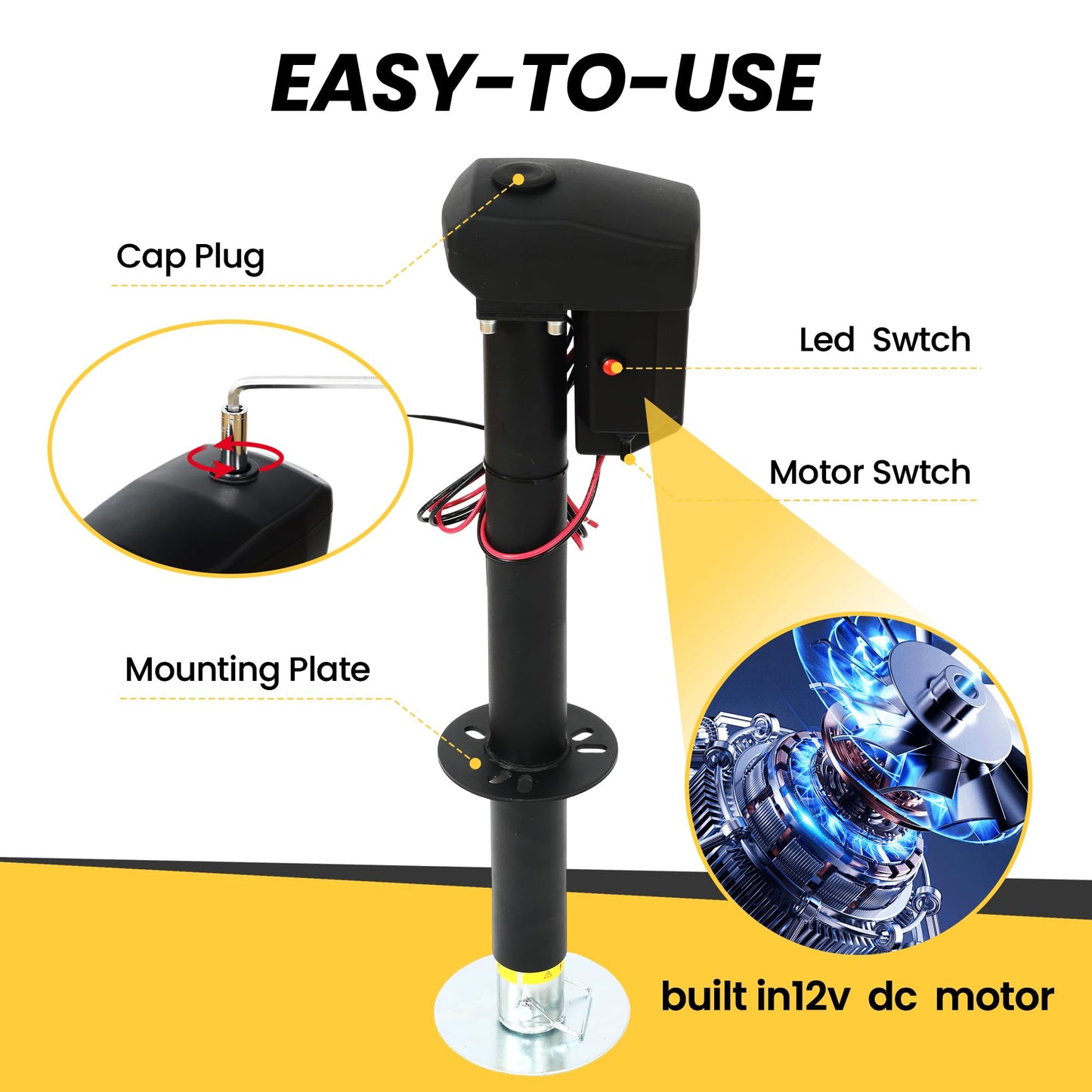 12V Electric Tongue Jack 5000lb A-Frame Heavy Duty Trailer Jack 18” Travel Add 4.5” with The Drop Foot & LED Light for Travel Trailer Camper, Protective Cover Included