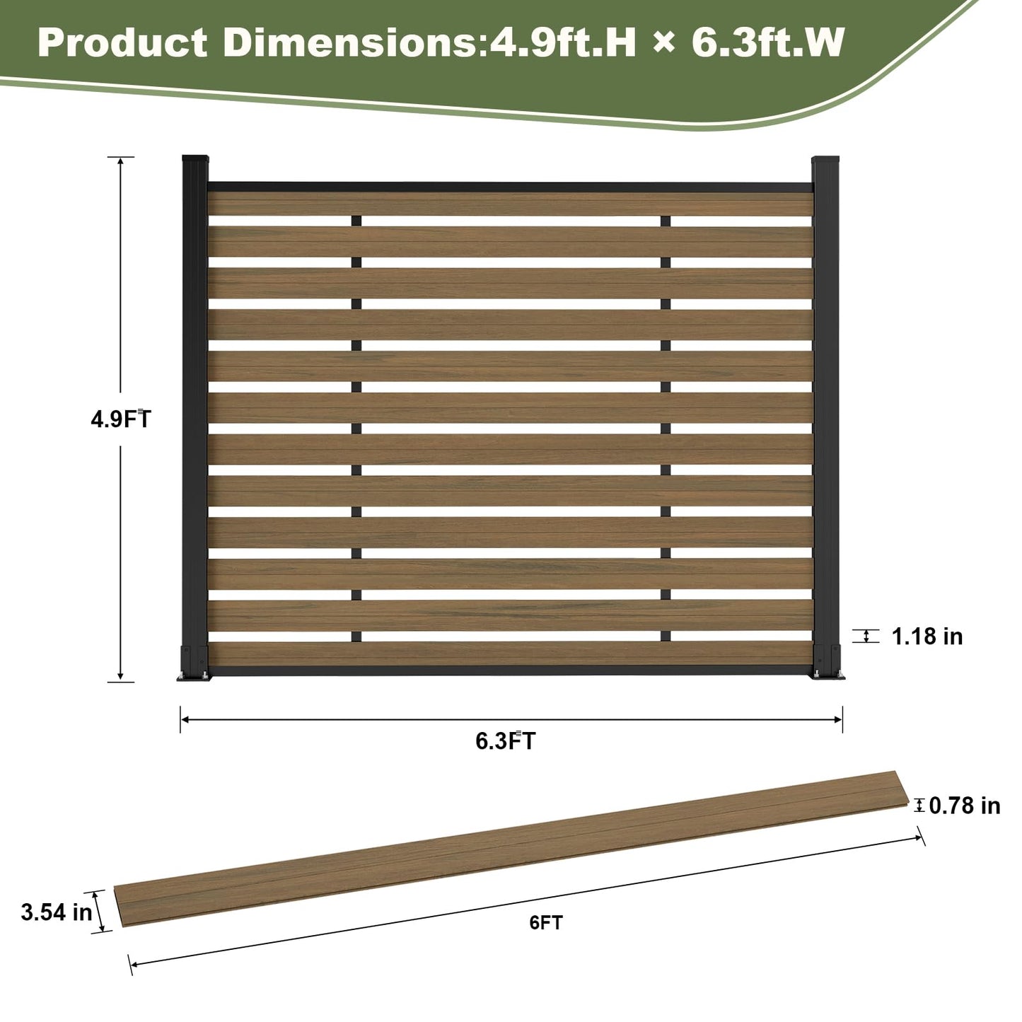 Treslam Outdoor Privacy Fence WPC, AC Unit Air Conditioner Screen 5 FT(H) x 6 FT(W) Trash Can with Aluminum Alloy Post, Decorative Fencing, Brown with 2 Post