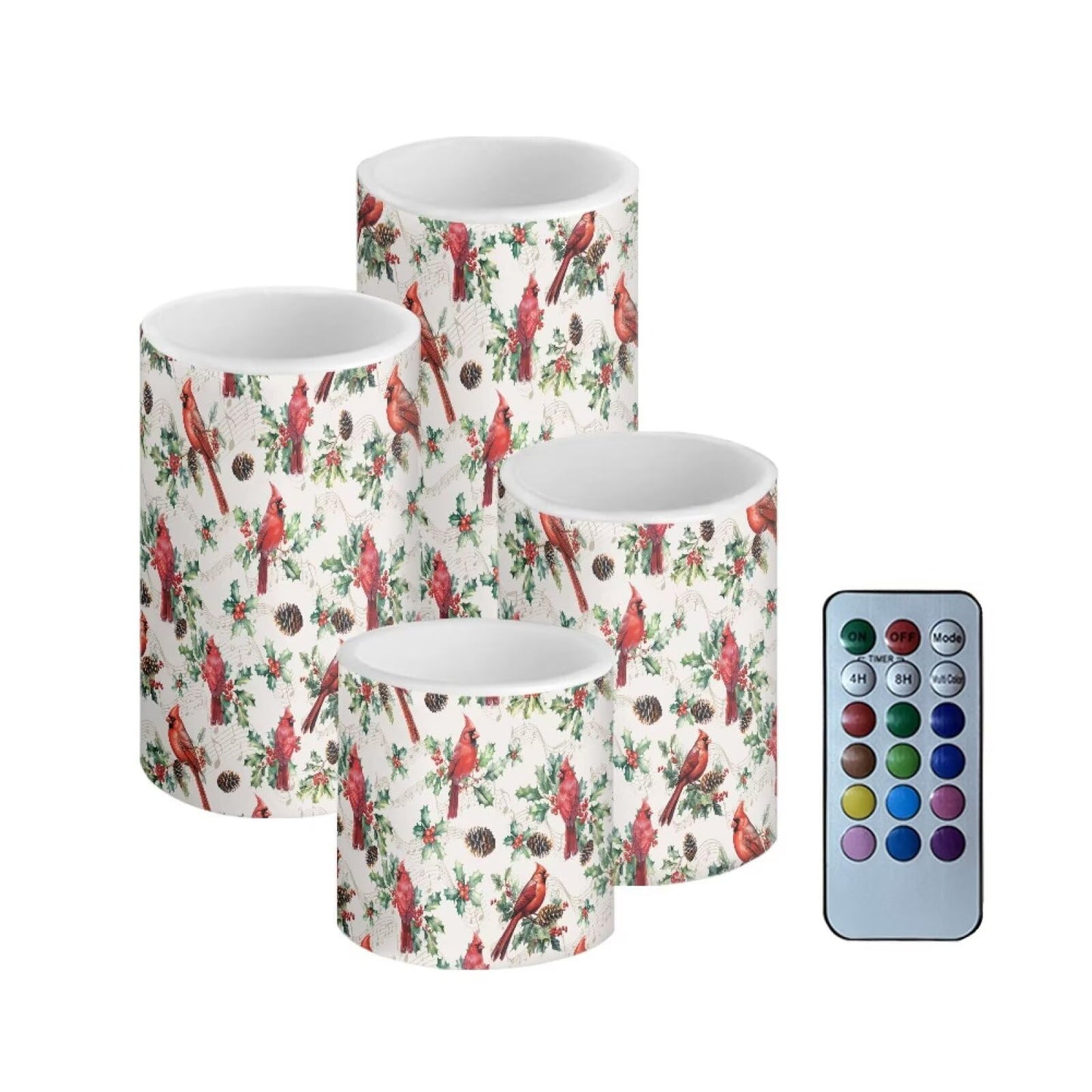 NETILGEN Christmas Cardinal Bird Flickering Flameless Candles with Battery Powered LED Candles with Remote Timer Color Changing Control 4 Pcs Set