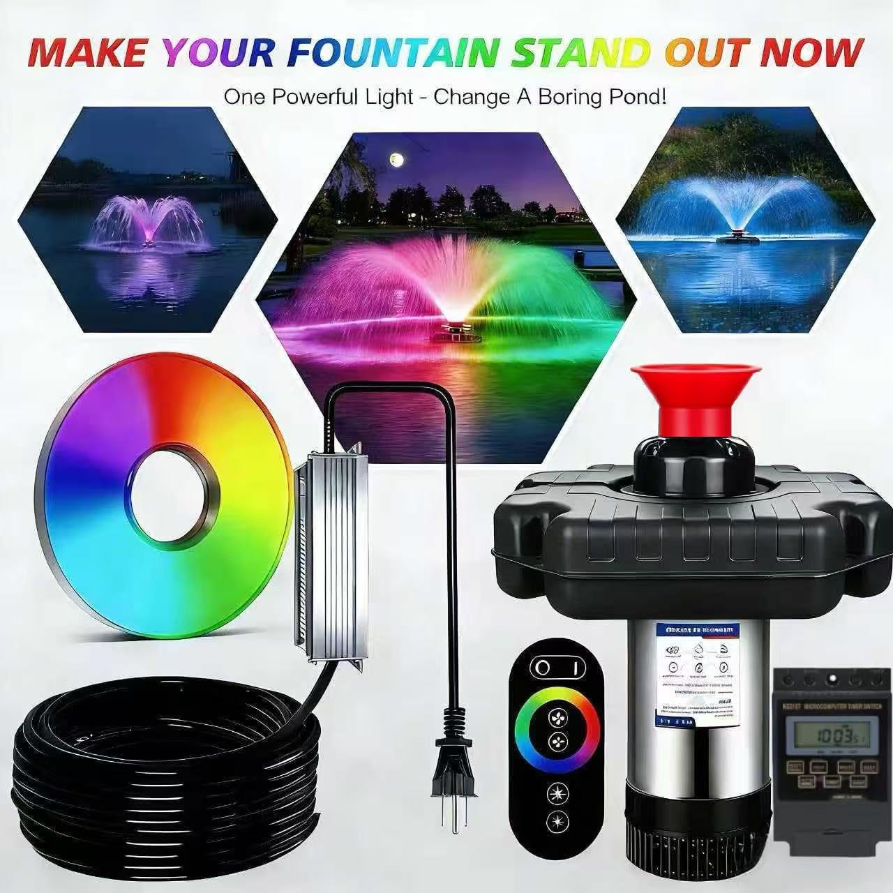 Pond Fountain Aerator,Pond Aerator,with Dynamic LED RGB Lighting Adjustable Modes, Digital Timer | 1 HP 15,000 GPH, 750W 110V, 100FT Cord - for Large Ponds, Lakes & Outdoor Water Features