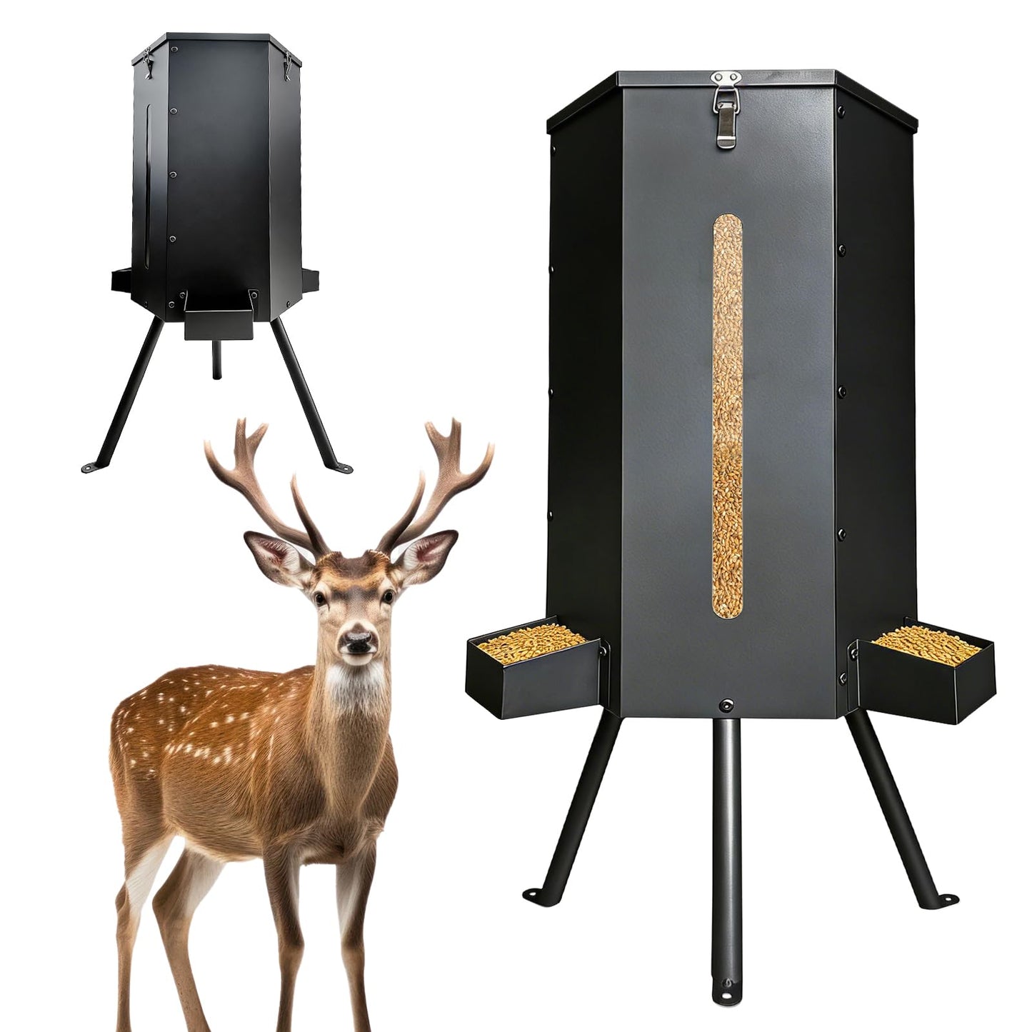 NULTRUMA 80 lbs Galvanized Steel Gravity Deer Feeder | Weatherproof & Anti-Rust Wildlife Game Feeder with 3 Feeding Trays & 3-Leg Stand | Automatic Corn Dispenser for Deer, Goats, Horses