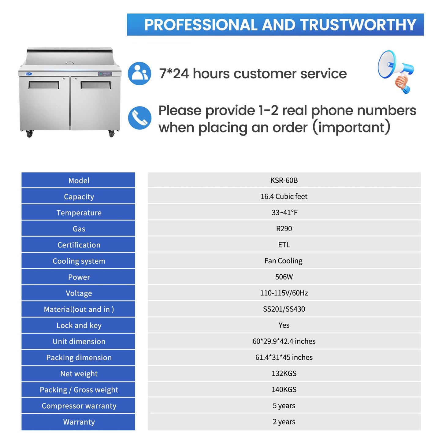 kalifon 60" W 2 Door Refrigerator Sandwich Salad Prep Table Commercial Stainless Steel Fan Cooling Refrigerator with Cutting Board, 2 Shelves & 16 Pans for Restaurant, Bar, Shop-16.4 Cu.ft