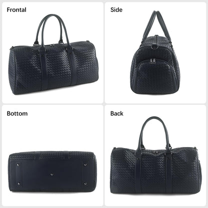 Weekender Bags for Women Woven Leather Travel Duffle Bag with Shoe Compartment, Carry On Garment Bag for Men Women, Large Capacity Water-resistant Gym Tote (Dark Blue)