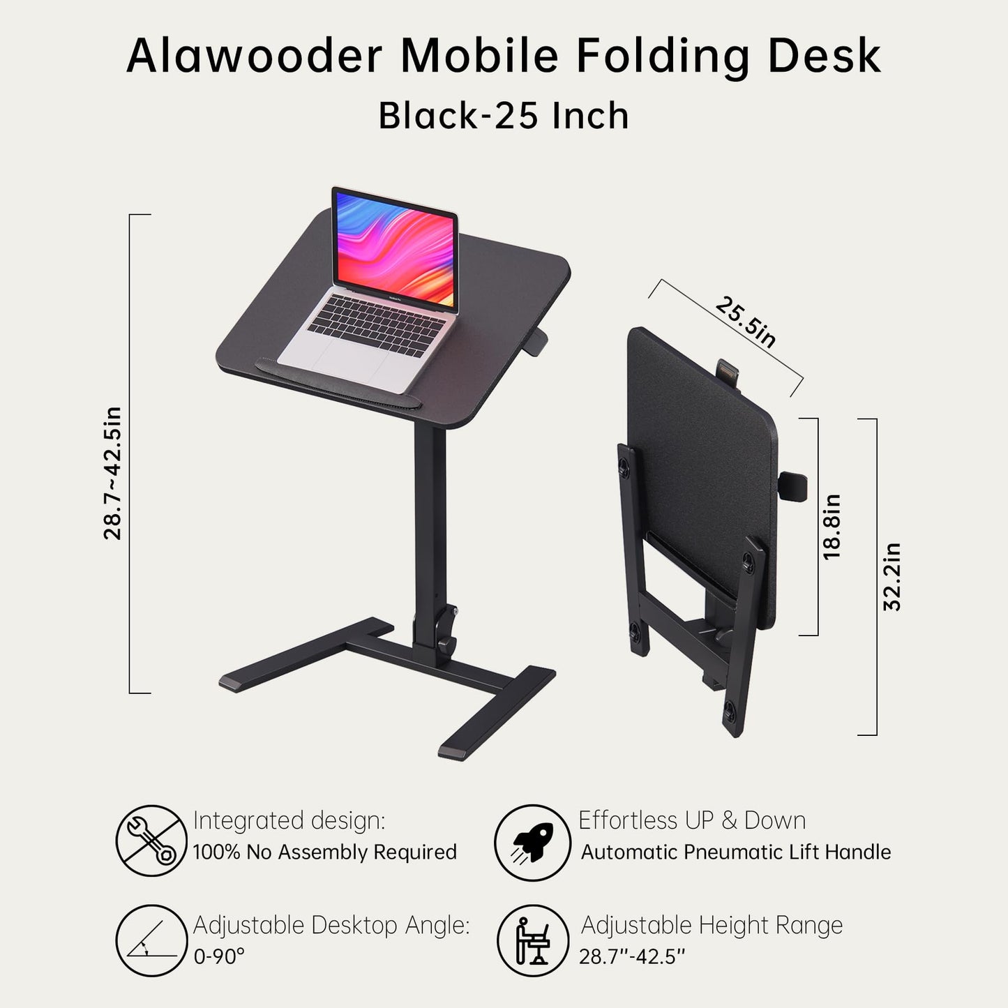 alawooder 25 Inch Mobile Folding Desk - No Assembly, Pneumatic Sit-Stand, 29-42" Height Adjustable Rolling Laptop Desk with Hidden Wheels, 0-90° Tilt Top for Home Office, Craft & Study
