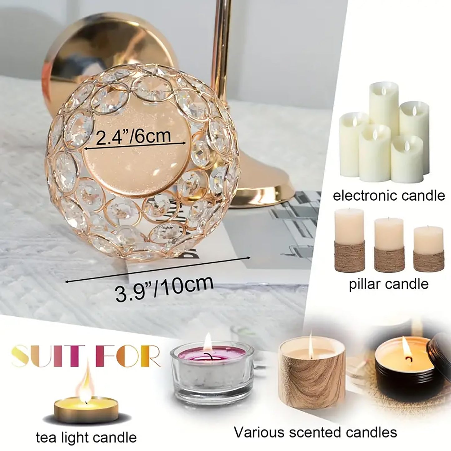 VINCIGANT Gold Crystal Candle Holders Set of 2 for Fireplace Coffee Table Mantle Decor,Wedding Home Halloween Decoration Centerpieces
