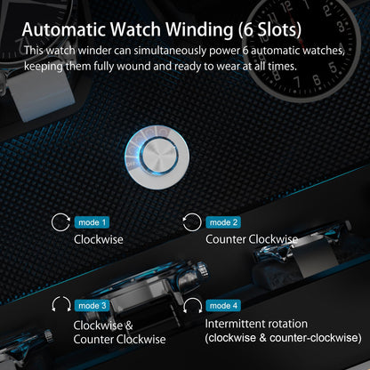 XTELARY Watch Winder for 6 Automatic Watches, Grey Lockable Automatic Winders with Extra 6 Watch Storages, 4 Rotation Modes, Flexible Watch Pillows, Quiet Mabuchi Motor, and Blue Backlight
