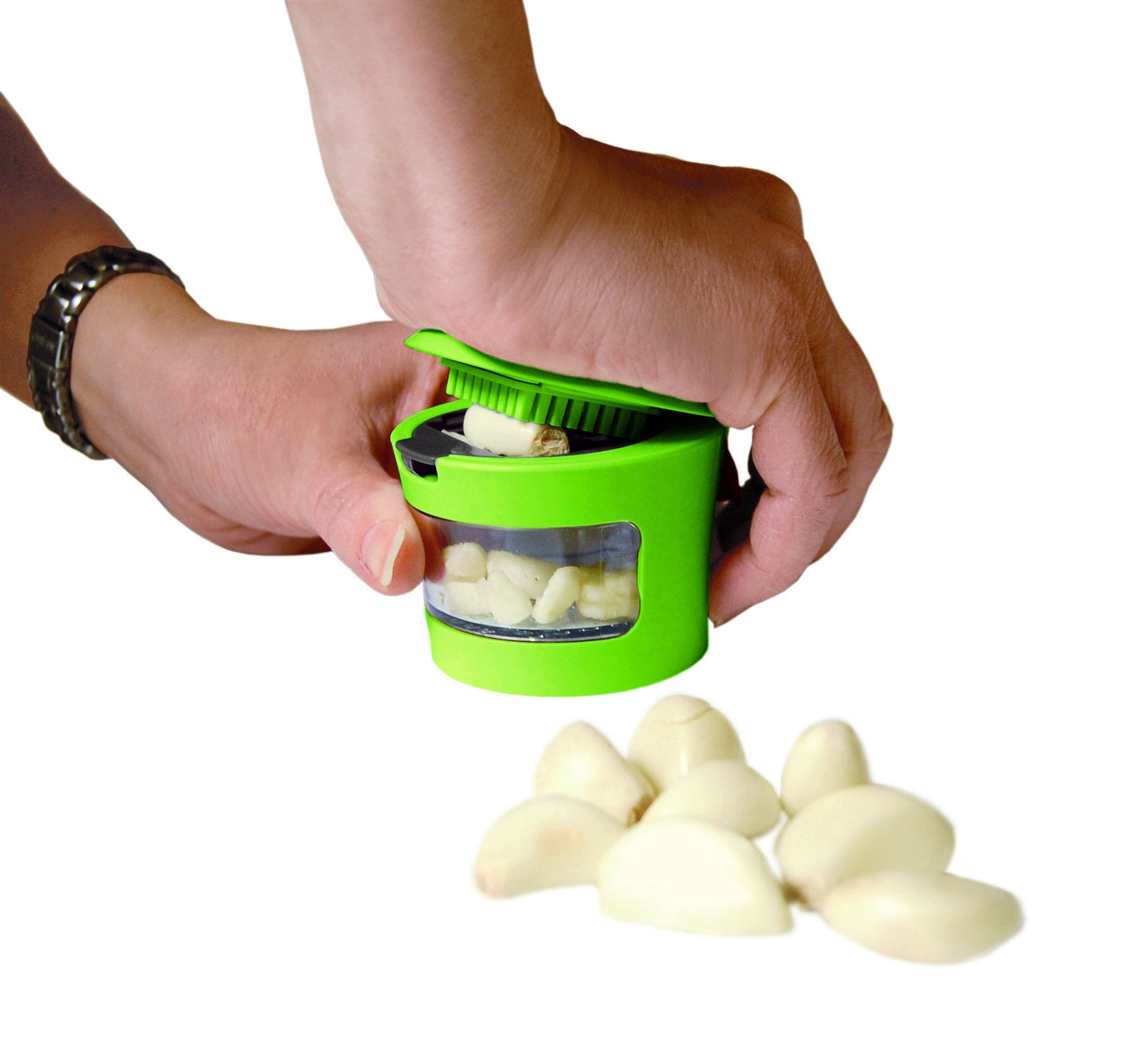 Garlic Perfection Press, Crusher, Mincer, and Storage Container - Easy to Clean - Stainless Steel Blades - White