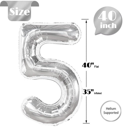 Silver 5 Balloon, Number Balloons 40 Inch, 5th Birthday Balloon Decorations, Silver Party Supplies, 5 Number Balloons, Number 5 Balloon