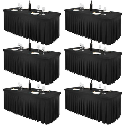 Pesonlook 6 Pack Spandex Table Skirt for 8 Ft Rectangle Tables, Black Fitted Stretch Tablecloth 30 x 96 Inch, Wrinkle Resistant Ruffle Design for Wedding Banquets, Birthday Party, Parties