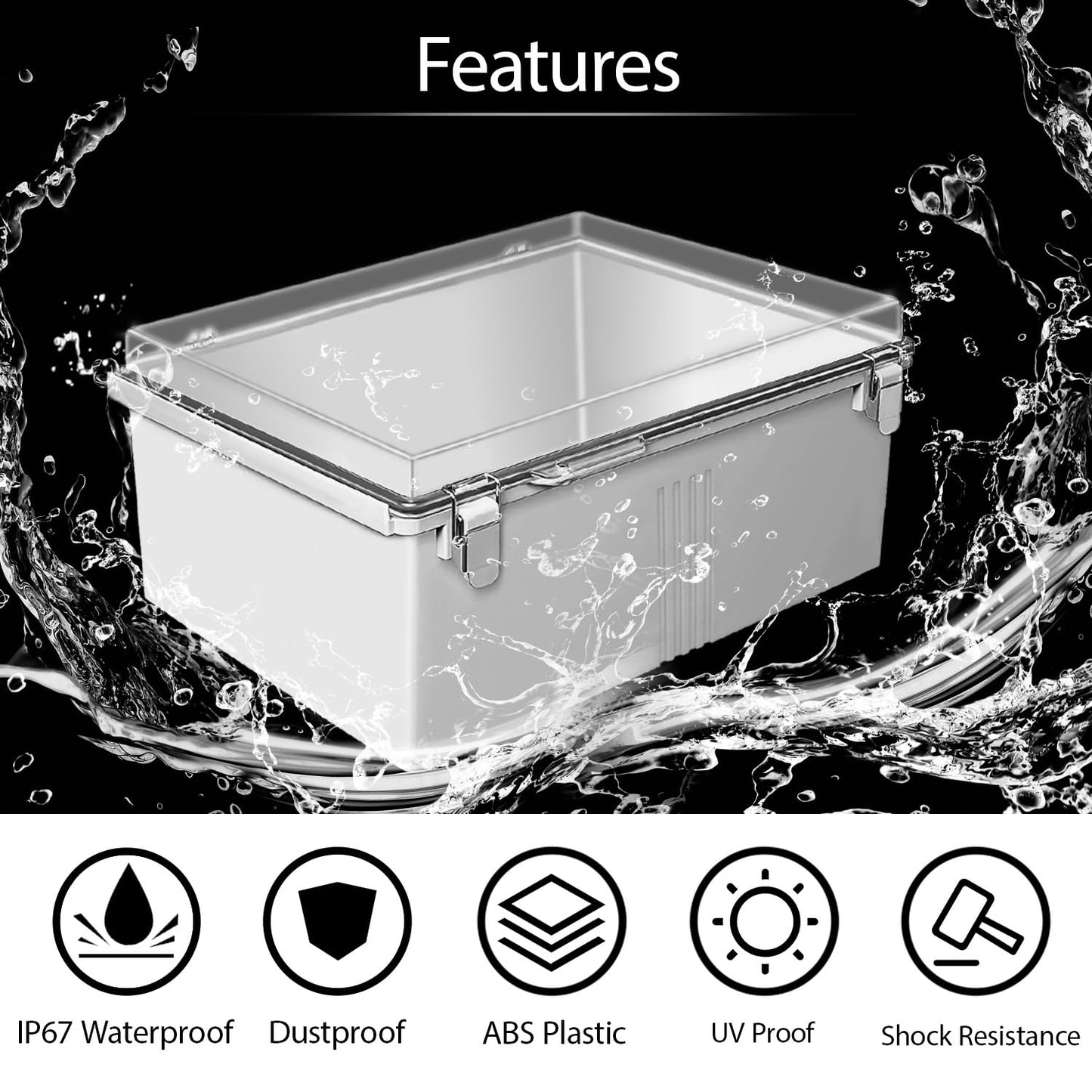 LeMotech Electrical Box, IP67 Waterproof Hinged Clear Cover Stainless Steel Latch Junction Box, ABS Plastic Electrical Enclosure with Mounting Plate,Wall Brackets, Cable Glands,19.6"x15.7"x7.8",Grey