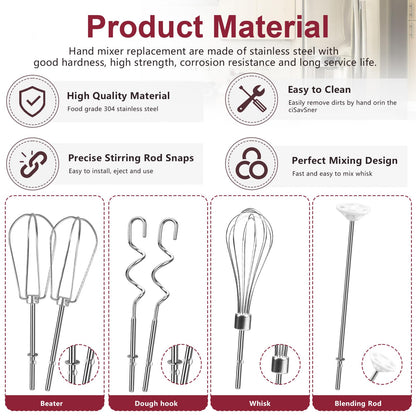 Hand Mixer Attachments Beater, Whisk, Blending Rod and Dough Hooks, Stainless Steel Hand Mixer Accessories Compatible with Kitchenaid Hand Mixers KHM3 KHM5 KHM7 KHM9, Set of 6