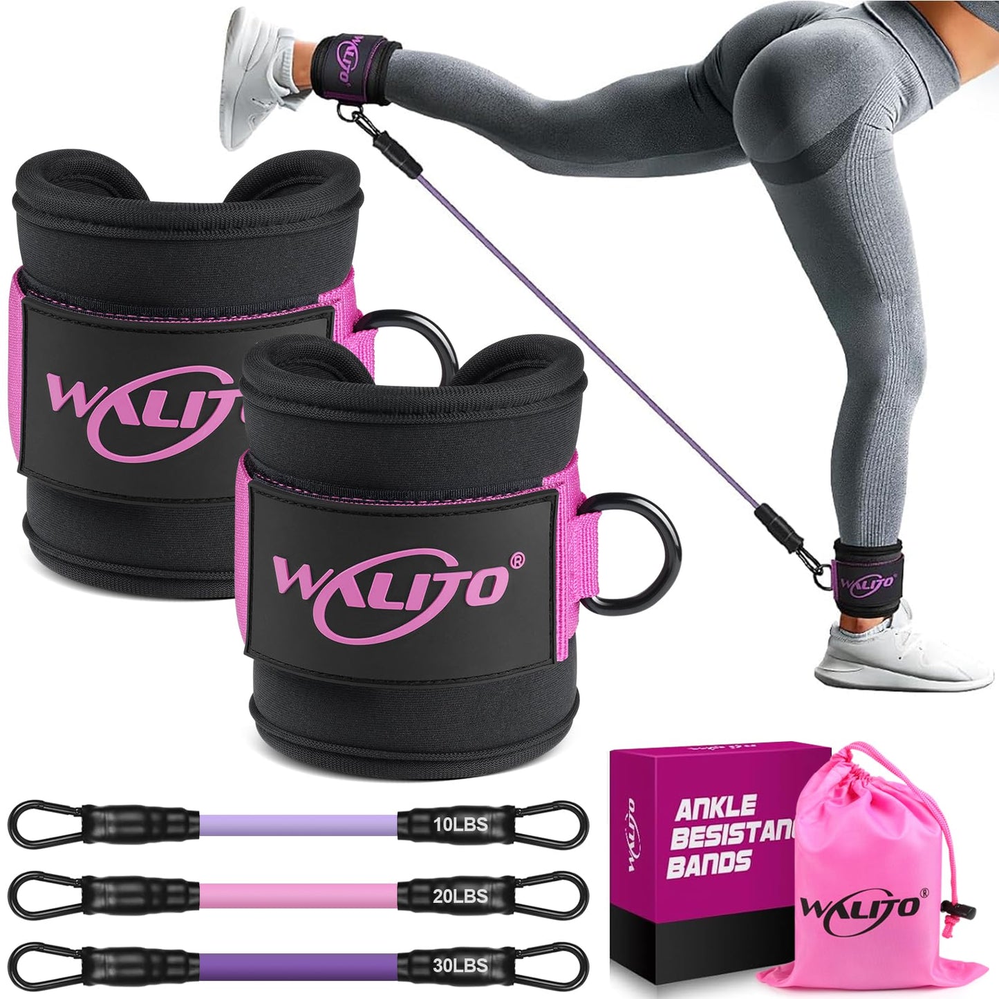 WALITO Ankle Resistance Bands with Cuffs, Ankle Bands for Working Out, Ankle Straps for Women, Exercise Bands for Legs and Butt, Booty Workout Equipment for Kickbacks Hip Fitness Training