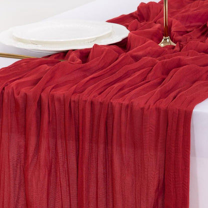 Socomi 10pcs Red Cheesecloth Table Runner Boho Rustic Gauze 120 inch 10FT Cheese Cloth Sheer Runner for Wedding Party Baby Shower Birthday Home Decor Holiday Decorations