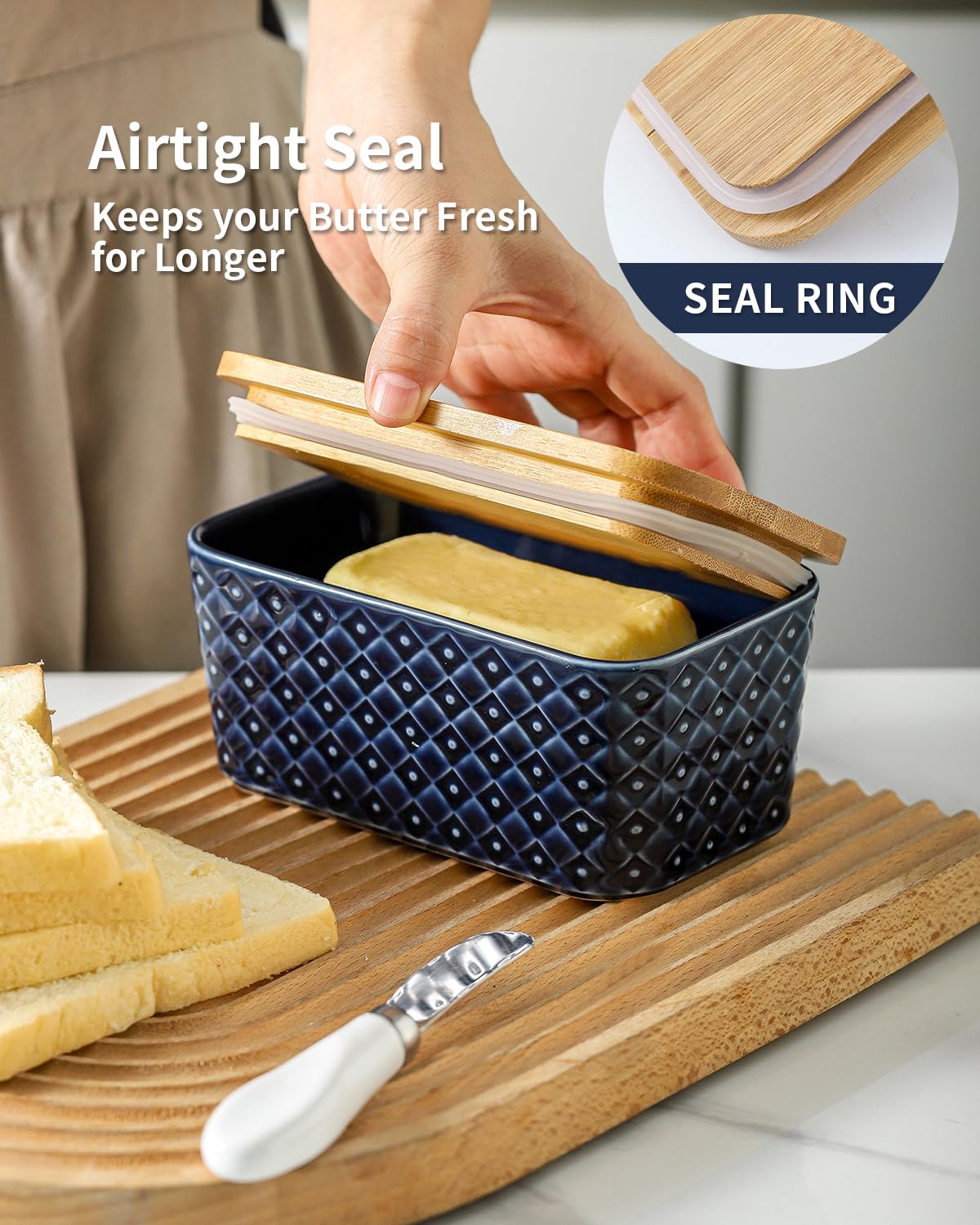 Hasense Ceramic Butter Dish with Lid, Butter Container for Countertop Airtight Butter Stick Covered Keeper,Navy Blue Embossed Pattern,Easy Clean Dishwasher Safe
