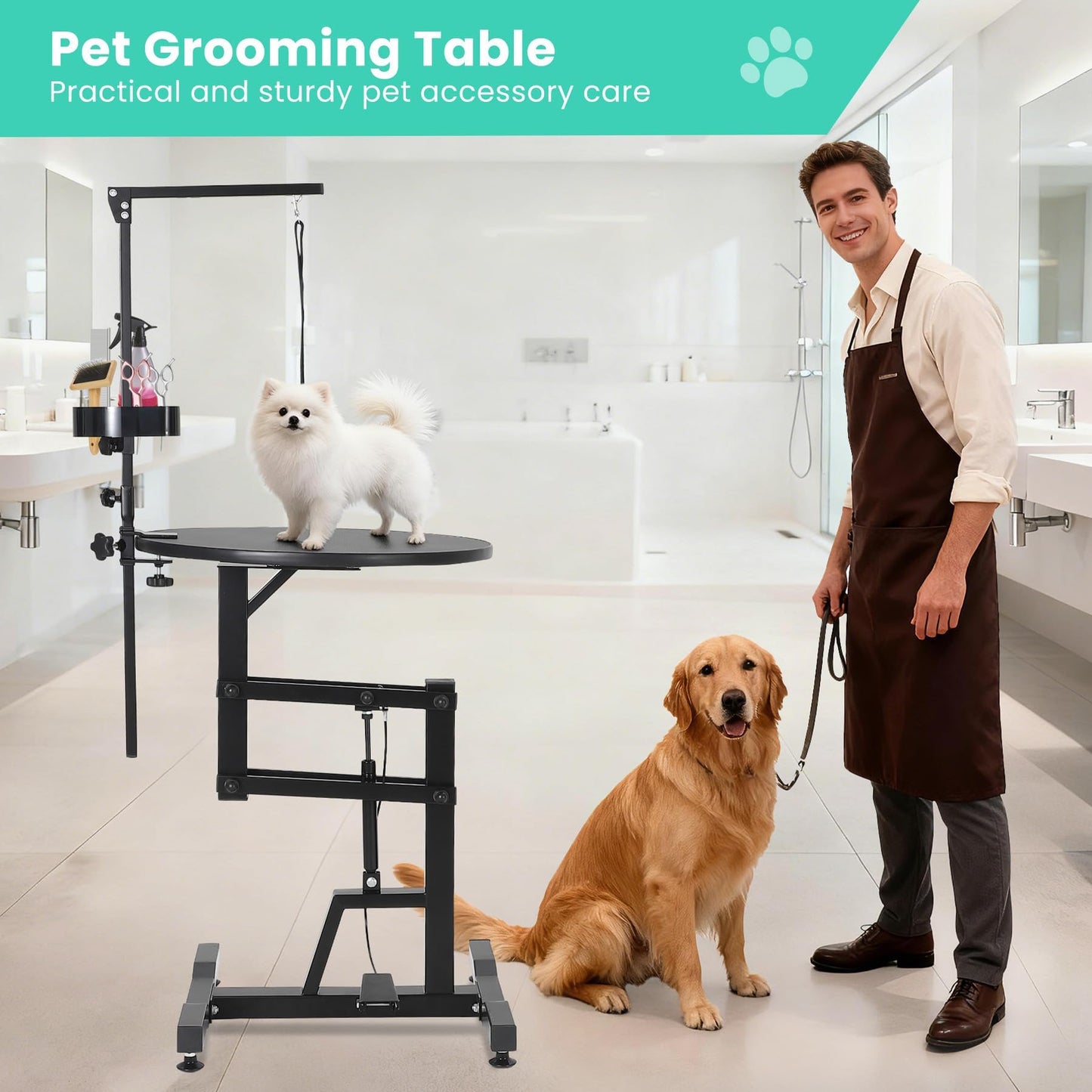 Hydraulic Lift Dog Grooming Table, Adjustable Height 26.8" to 39.3", Rotating Non-Slip Silicone Surface – Collapsible, Portable, 250LB Capacity,– For Large & Small Dogs or Cats – Pet Bathing