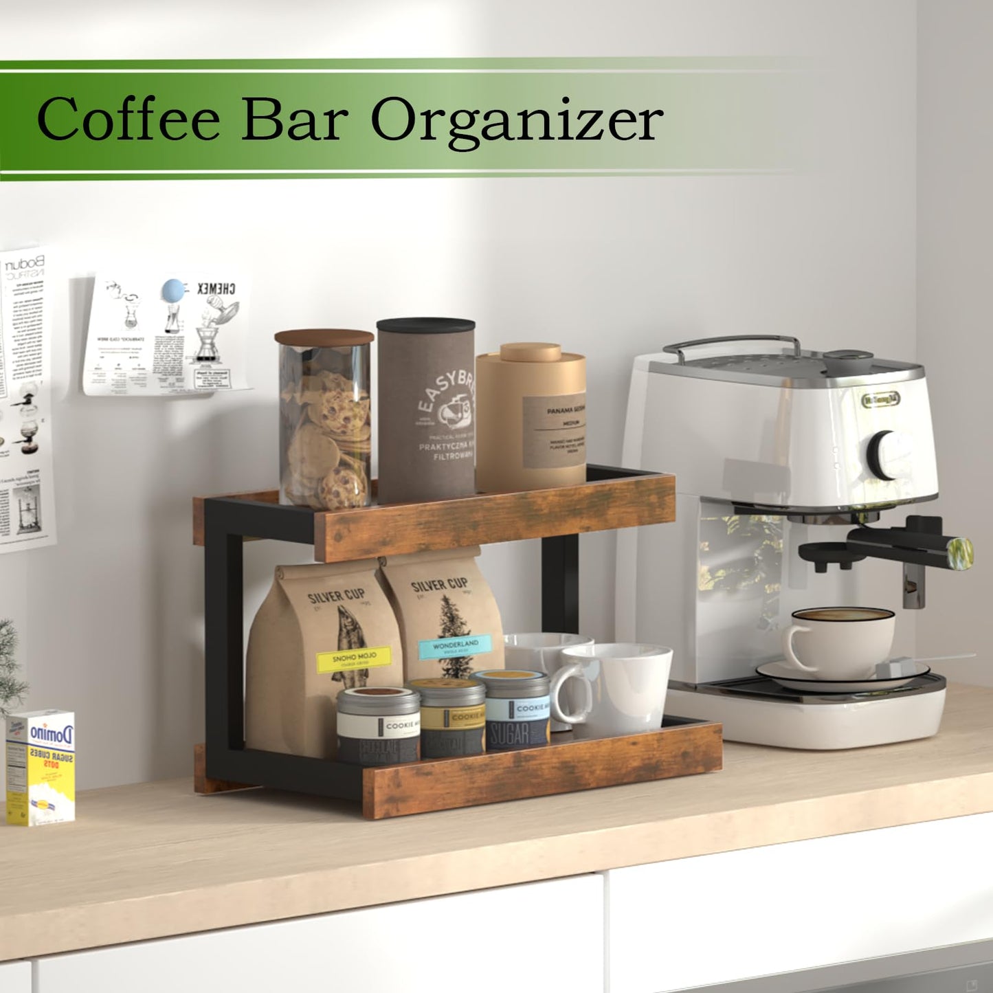 MARTY 2 Tier Spice Rack Organizer for Countertop, 15.8''L Coffee Station/Bathroom Organizer Countertop, Counter Shelf Desktop Storage Organizer for Kitchen, Bedroom, Office (Black)