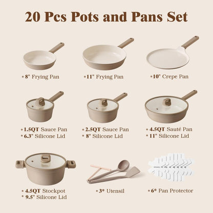 SENSARTE 20Pcs Pots and Pans Set Nonstick, Ceramic Cookware Set Non Stick, Non-toxic Healthy Kitchen Cooking Set, Induction Compatible, Dishwasher Safe, PFAS/PTFE/PFOA Free, TAUPE