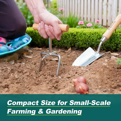 Berry&Bird Twist Tiller - 4 Stainless Steel Tines Hand Tiller for Aerating, Loosening Soil and Removing Weed, Garden Cultivator Tiller with Wooden Handle, Perfect for Raised Beds, Borders & Containers