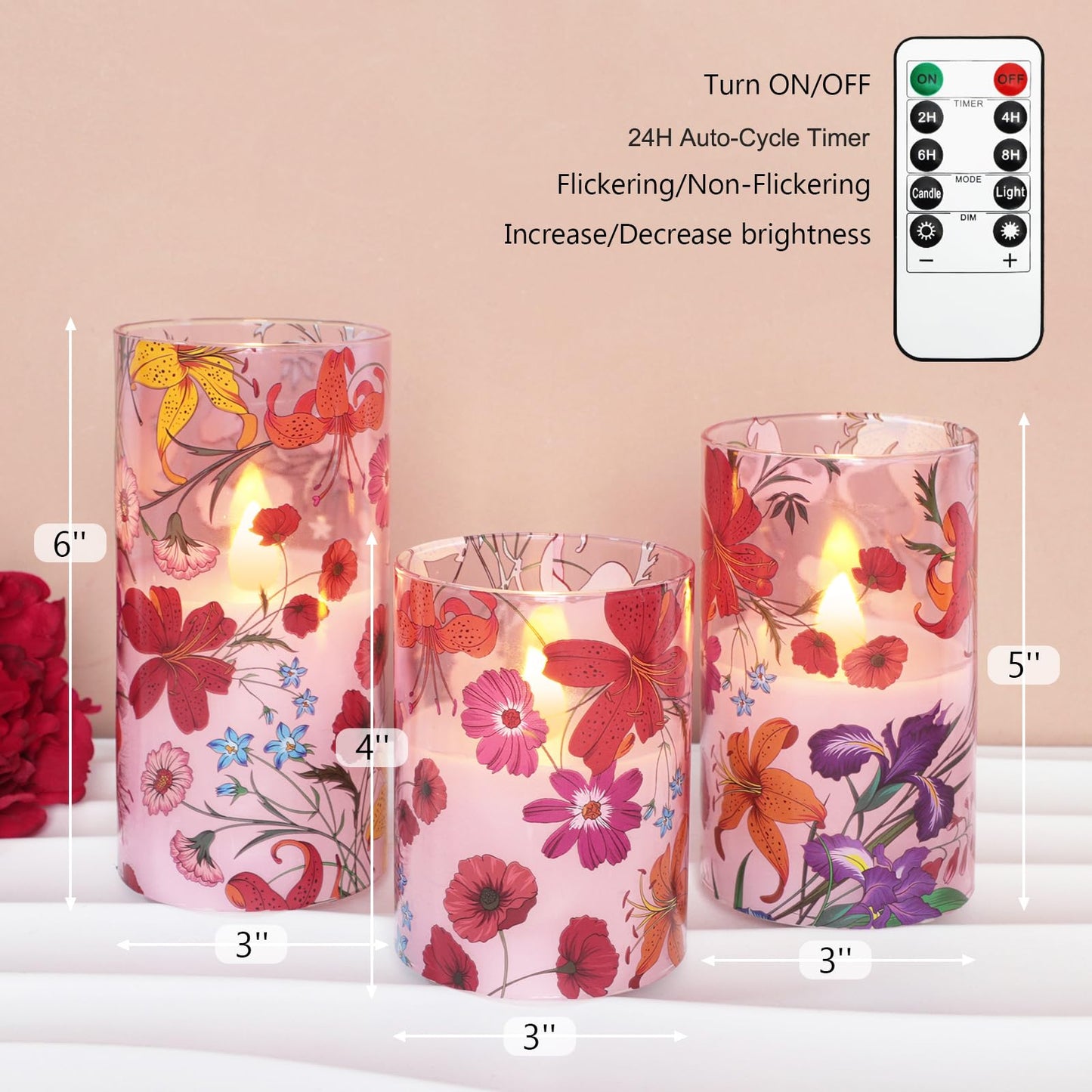 Impress Life Floral Flameless Candles with Remote, 3PCS Battery Operated LED Pillar Candles, Flickering Real Wax Glass Candles for Spring Decor Home Wedding Table Centerpiece Gift