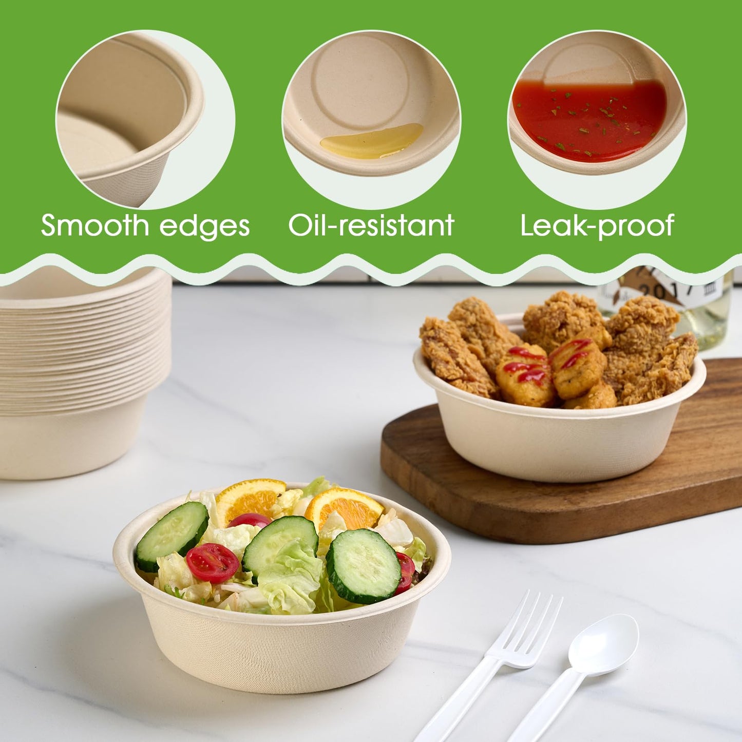 ECOLipak 20 OZ 150 Count Paper Bowls, Disposable Compostable Large Soup Bowl, Heavy Duty Bagasse Bowls for Family Lunch, Dinner Meals, Camping, Party