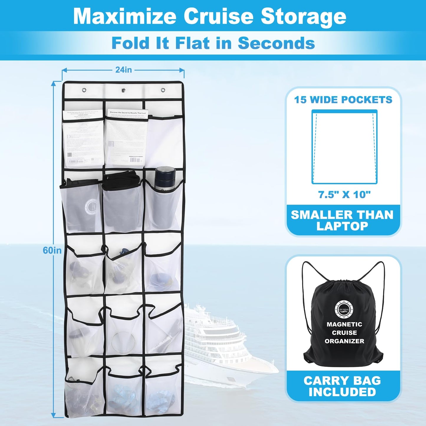 Cruise Magnetic Door Organizer with Hooks – 15 Large Pockets, Strong Anti-Scratch Magnets, Over-the-Door Cruise Essentials Storage for Cruise Cabins