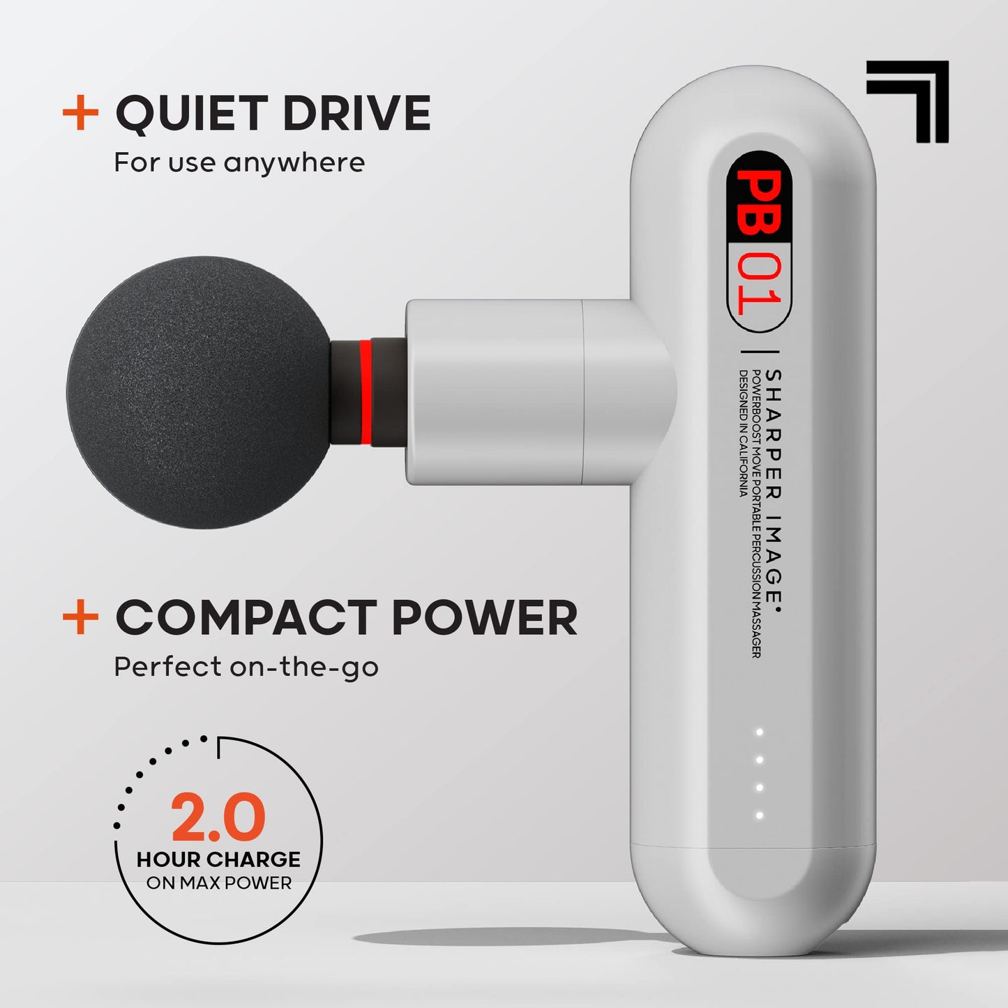 Sharper Image Percussion Massage Gun, Powerboost Move, Lightweight & Portable, 4 Attachments, 4 Speeds, Full Body Back & Shoulder Massager for Deep Tissue Muscle Recovery, Pain Relief & Soreness