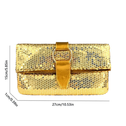 Evening Clutch Bag for Women, Sequin/Patent Leather/Woven PU Leather Clutch with Metal O-Ring Buckle Closure (Gold Sequin)