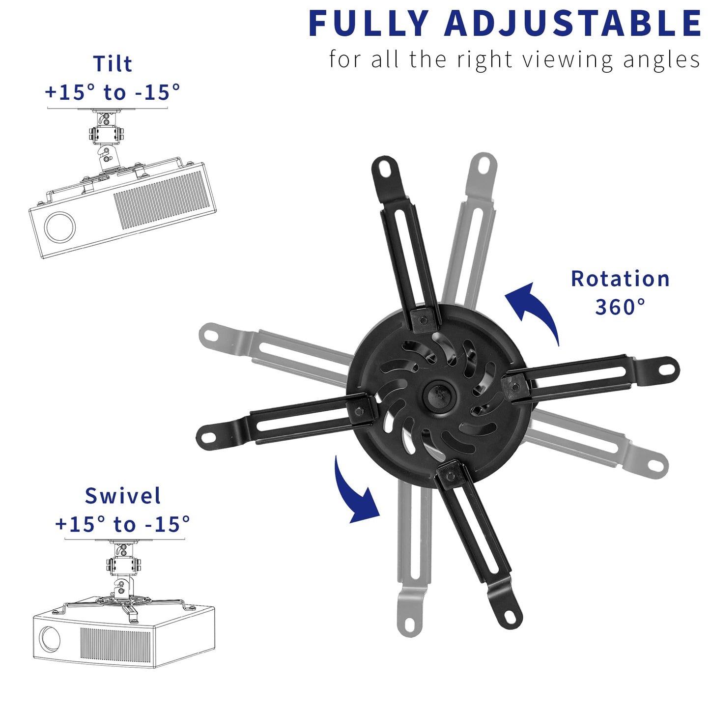 VIVO Universal Adjustable Ceiling Projector Mount for Regular and Mini Projectors, Projection Mount with Extending Arms, Black, MOUNT-VP01B