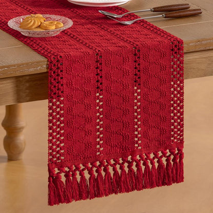 Socomi Boho Table Runner Easter Spring Farmhouse Rustic Dining Kitchen Centerpiece Decor Small Macrame Woven Cotton Linen Coffee Table Runner for Dresser Scarf Home Decor 12x36 in Red