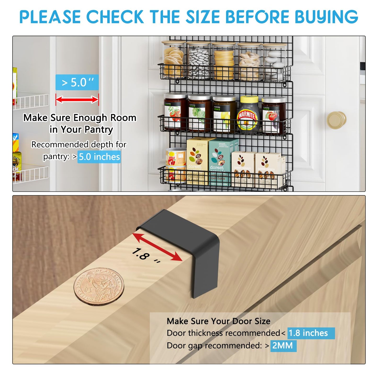 JKsmart 6-Tier Spice Rack Organizer with Door Hook, Wall Mounted & Over the Door Spice Racks for Kitchen Pantry Door Cabinet, Two Size, Large Capacity, Black