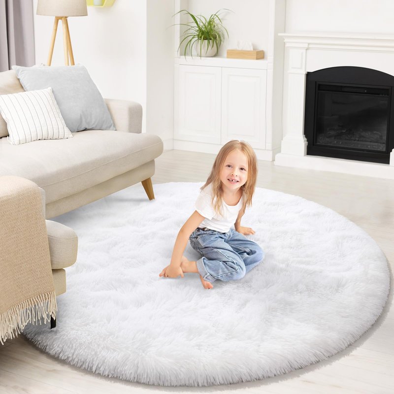 KIXINWA Round Rug for Bedroom, 4x4 Fluffy Soft Circle Area Rugs for Kids Girls Nursery Room, Washable Plush Shaggy Indoor Floor Bedside Living Room Circular Carpet, Home Decor Aesthetic, White