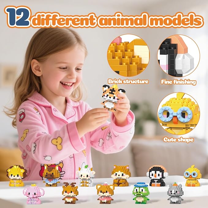 12 Pack Animals Building Block SetsMicro Mini Animals Party Favors for Kids Birthday Gift for Boy Girl(1691 Pieces)