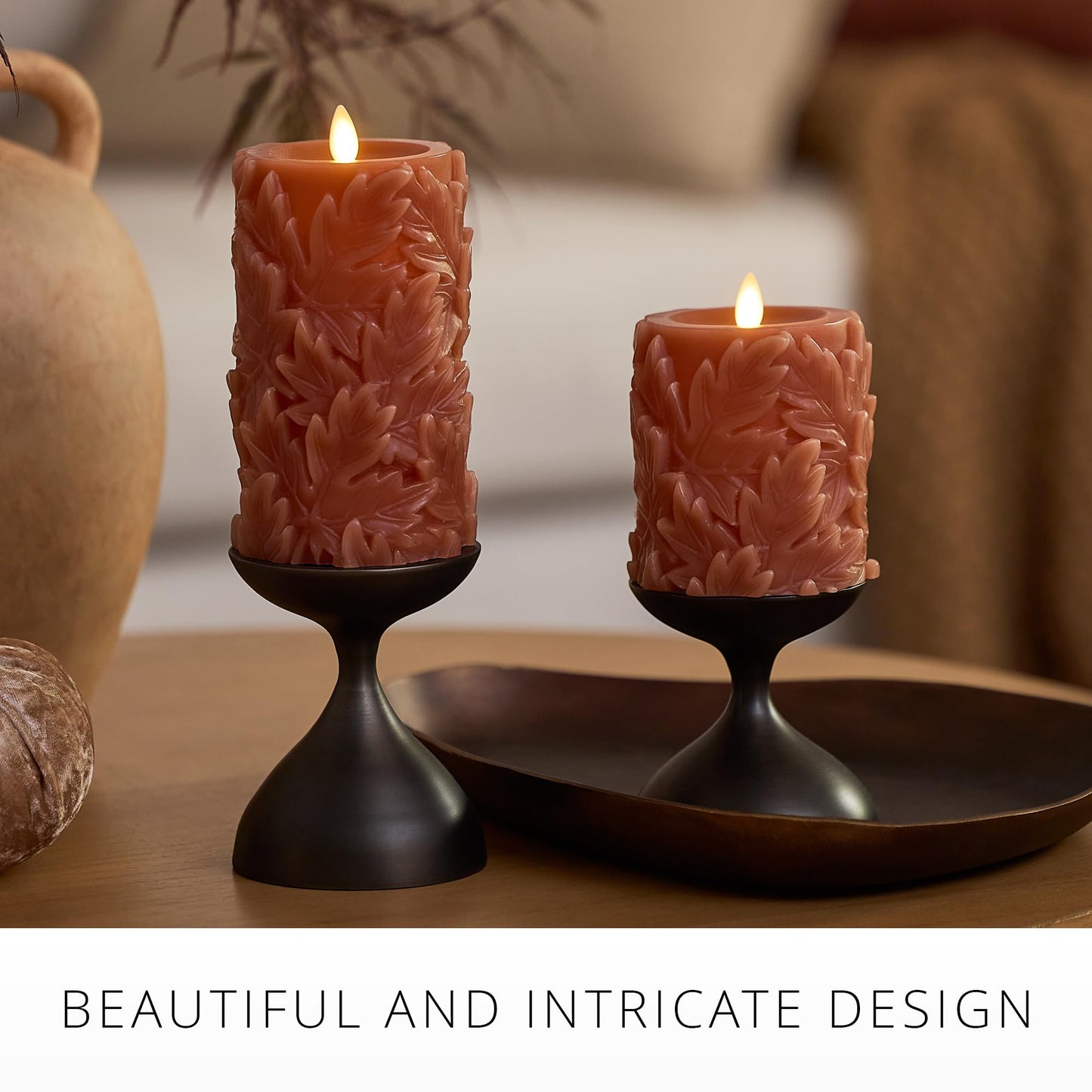 Luminara Flameless Caramel Cafe Embossed Leaves 3.5" x 4.5" Pillar, Battery Operated & Timer Function, Fall Decorations Indoor Candle Moving Flickering Flame LED Light, Remote Ready (Sold Separately)