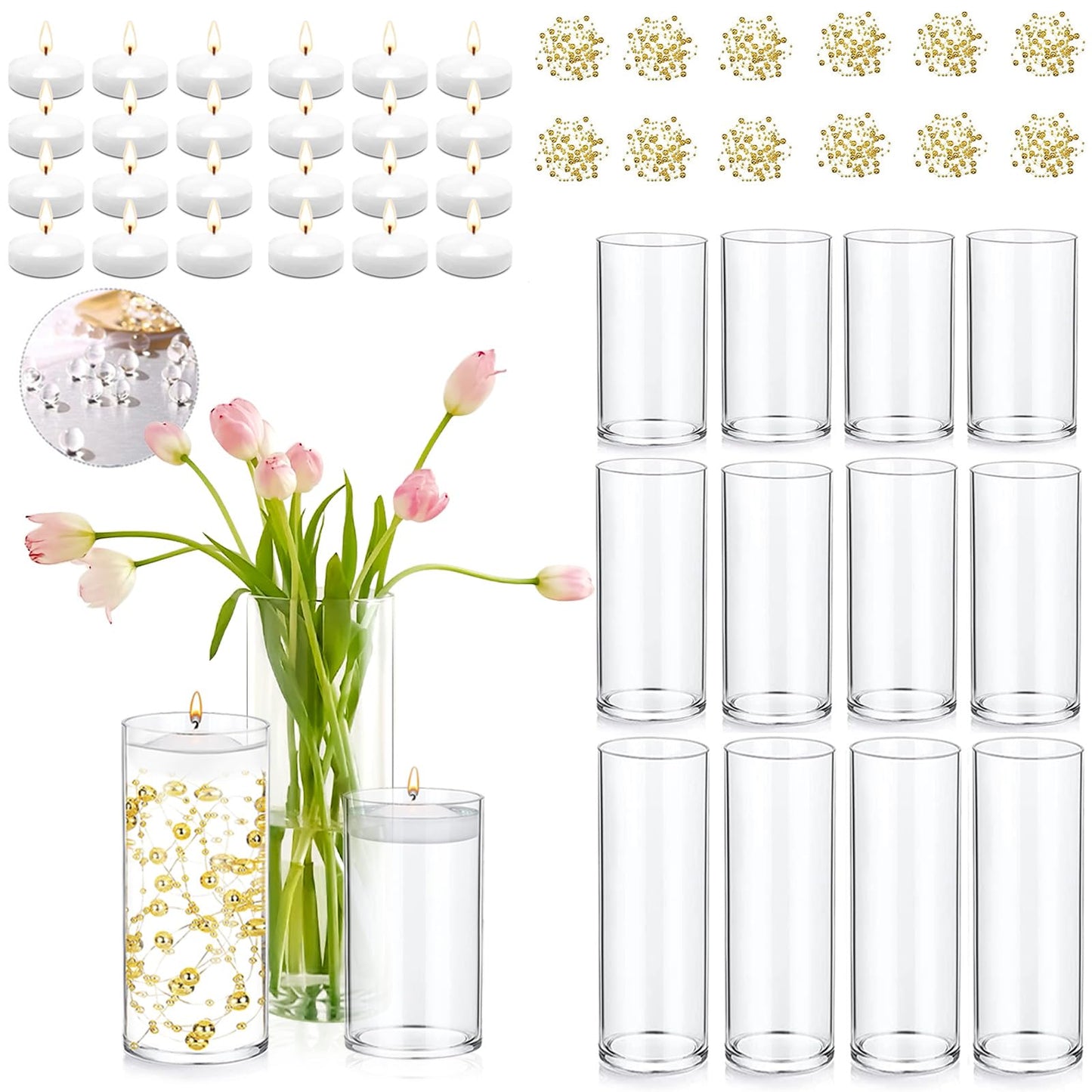 PNJHDZ Set of 12 Glass Cylinder Vases for Centerpieces with 8 Pack Vase filler 12 Pearl String 24 White Floating Candles for Centerpieces, Table Center pieces for Wedding Party Home Decor 5, 6, 8 Inch