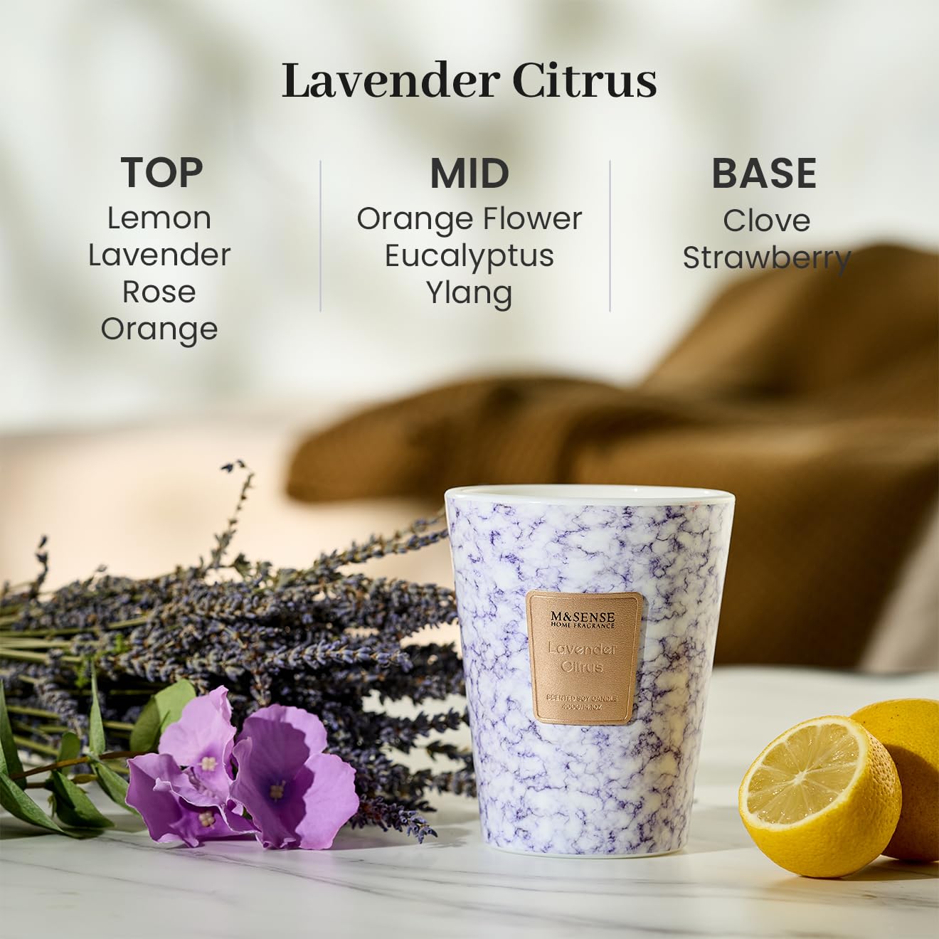 M&SENSE Lavender Citrus Scented Soy Candle, 3 Wick Highly Scented 14.1 Oz 75H, Aromatherapy Candle Gift for Women and Men