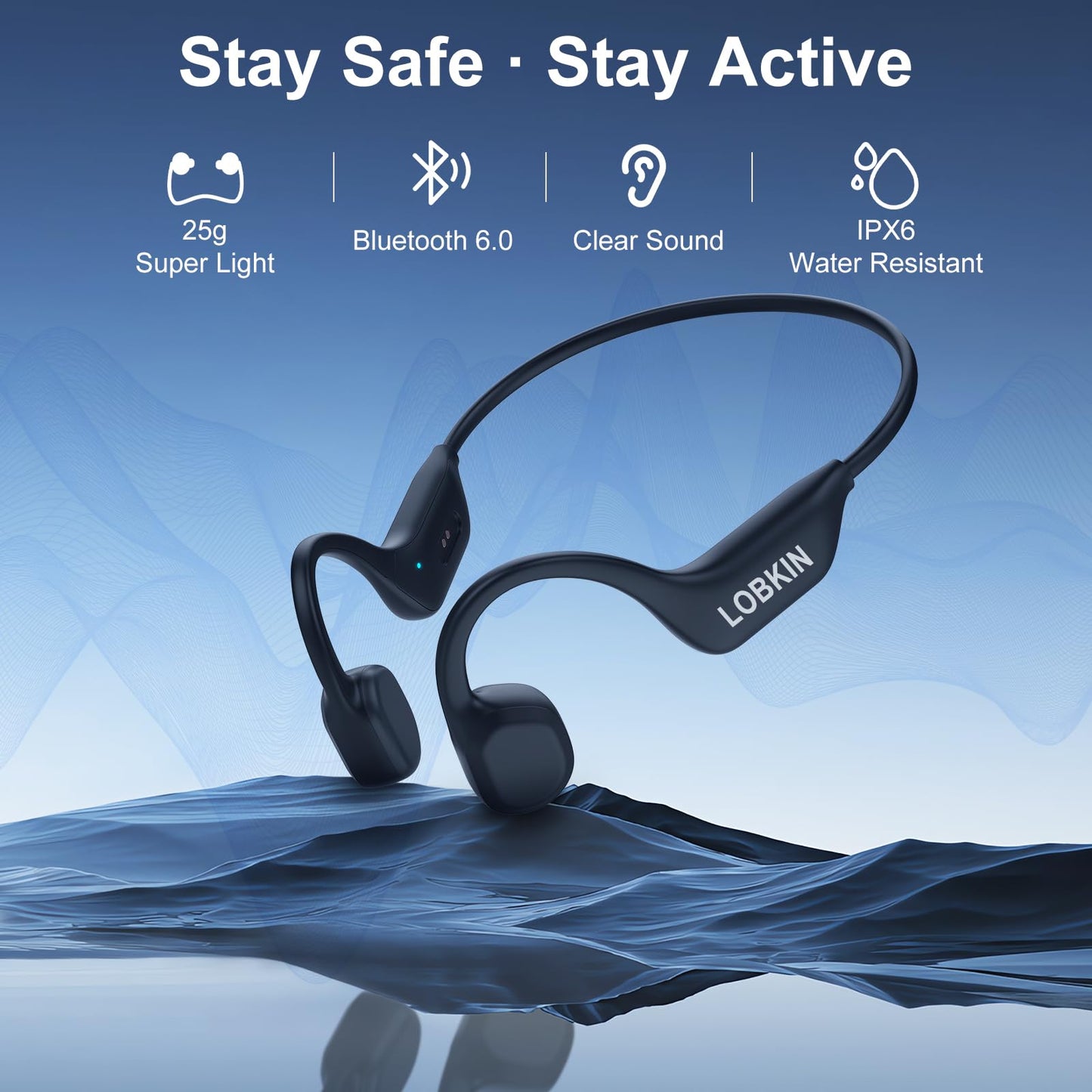 LOBKIN Bone Conduction Headphones - Open Ear Headphones Wireless Bluetooth 6.0 with Mic, 10H Playtime, IPX6, Sweat Resistant, Lightweight Sports Headphone for Running, Cycling, Gym, Outdoor, Black