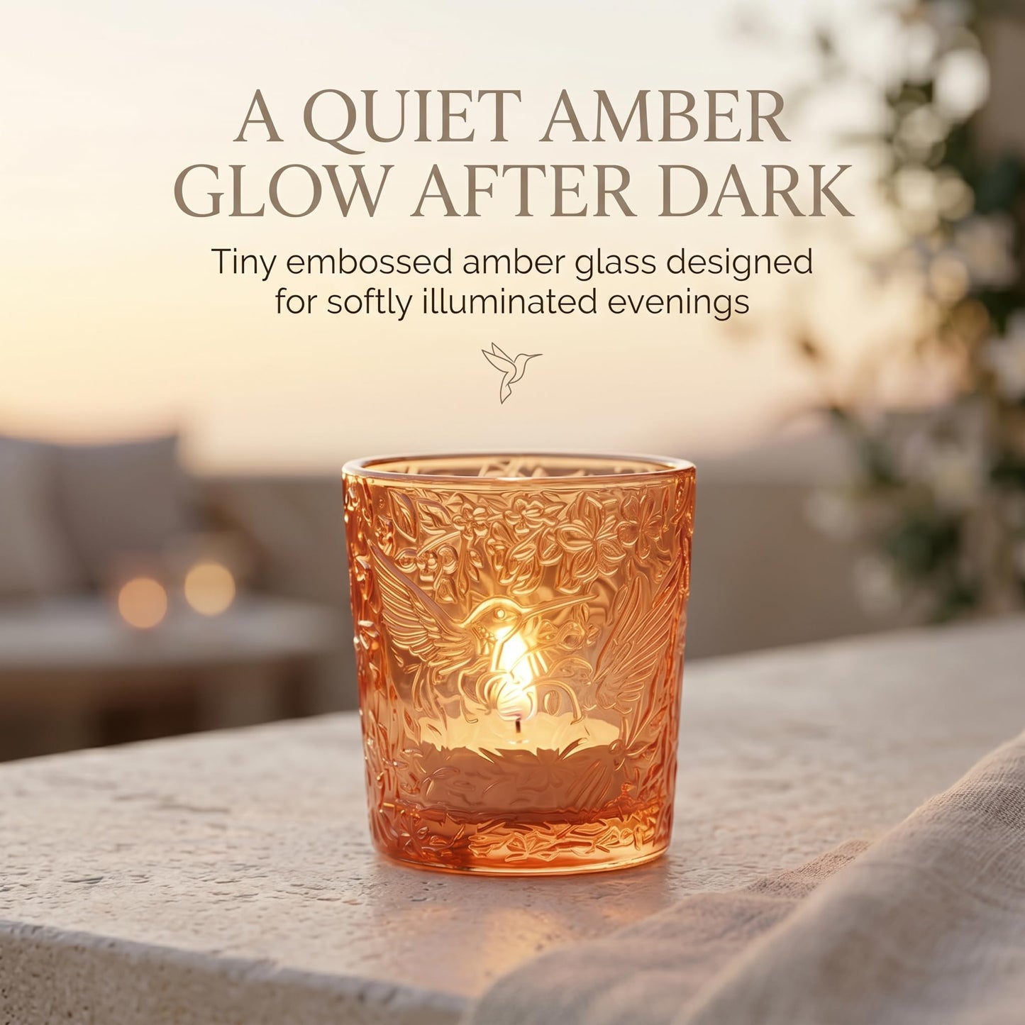 12 Pack Hummingbird Embossed Glass Candle Holders – Votive Tealight Holders with Patent Design, Decorative Embossed Glass Cups for Wedding Centerpieces, Parties, and Home Décor (Pumpkin Spice)