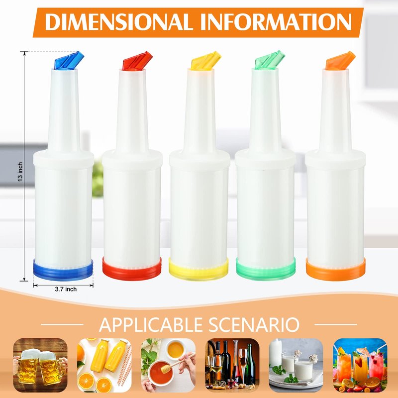 CHENGU 6 Pcs Bar Pour Colorful Juice Pouring Bottle Containers 34 oz Plastic Juice Dispensers for Bar Home Party Kitchen Supplies (White,Orange,Red,Yellow,Blue,Green)