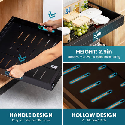 TAILI 2Pack Expandable Pull Out Cabinet Organizer, Adjustable Width 12.05"-20.4", 21" Deep, 3 Slide Rails, Raising Pads, Portable & No-Trace Removal, Tool-Free Installation, Black
