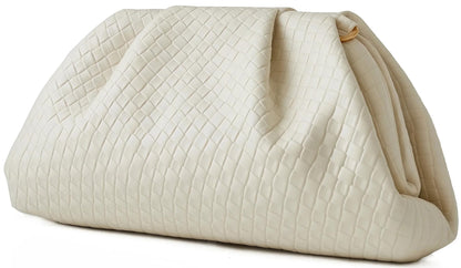 ChrisWish Women's Woven Evening Bag Ruched Dumpling Clutch Purse Detachable Chain Crossbody Bag(Beige White)
