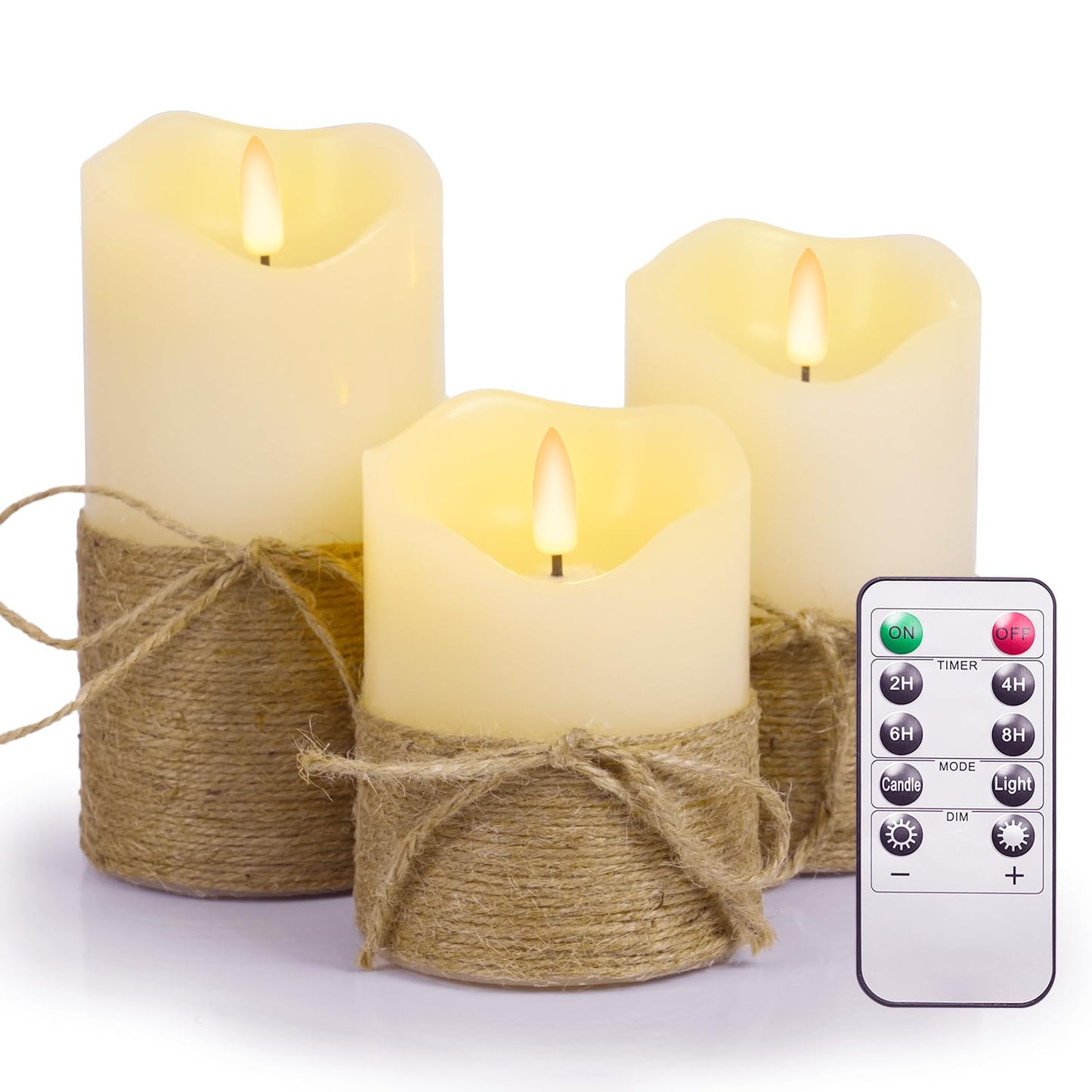 Homwamee Flameless Candles with Remote Timer-3D Flickering Hemp Rope LED Candles Set of 3(4”/5”/6”, Battery Powered for Home/Wedding/Party/Table Decorations