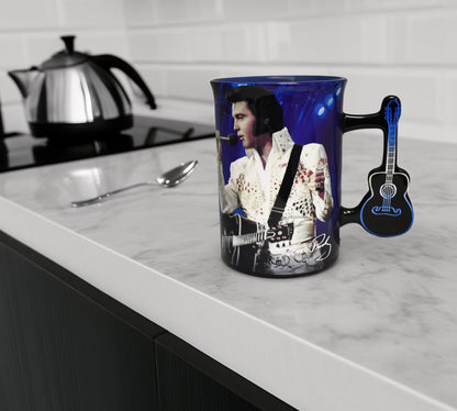Midsouth Products Elvis Presley Ceramic Mug with Guitar Handle – Iconic White Jumpsuit Design – 16oz Collector's Item for Elvis Fans