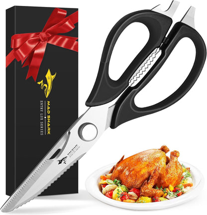 MAD SHARK Kitchen Scissors - Heavy Duty Stainless Steel Utility Shears with Comfort Grip | Black