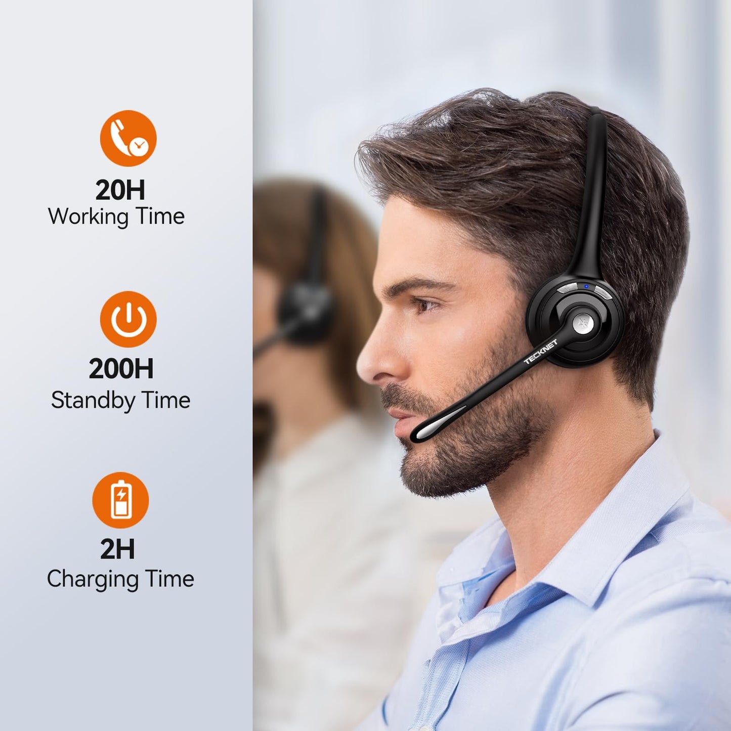 TECKNET Wireless Headset, Bluetooth Headphones with Noise Cancelling Microphone for Trucker, Hand Free Wireless Headset with Mute Mic